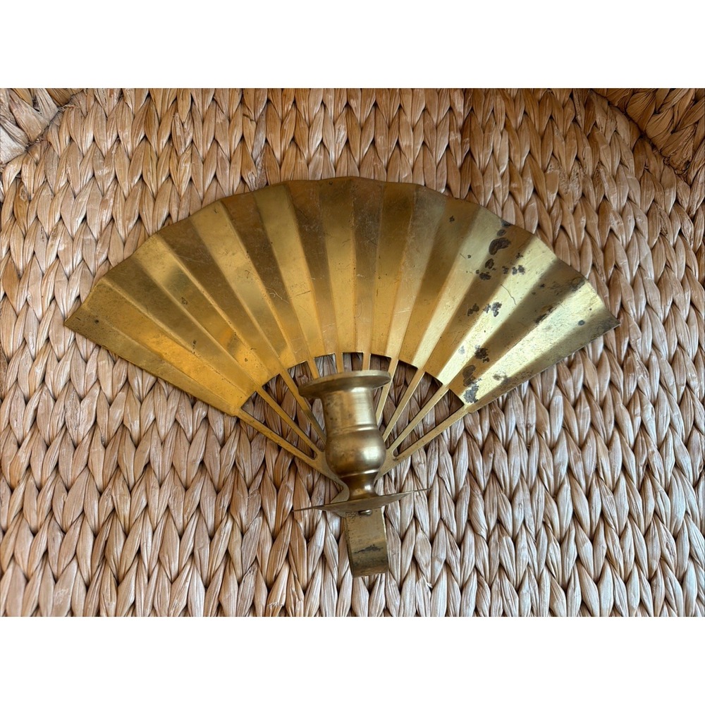 Vintage Brass Fan Wall Sconce Candle Holder MCM 12"